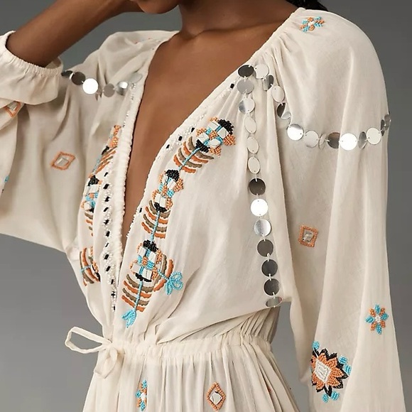 NWT By Anthropologie Cream Maxi Dress Kaftan Cover Up - Picture 2 of 10